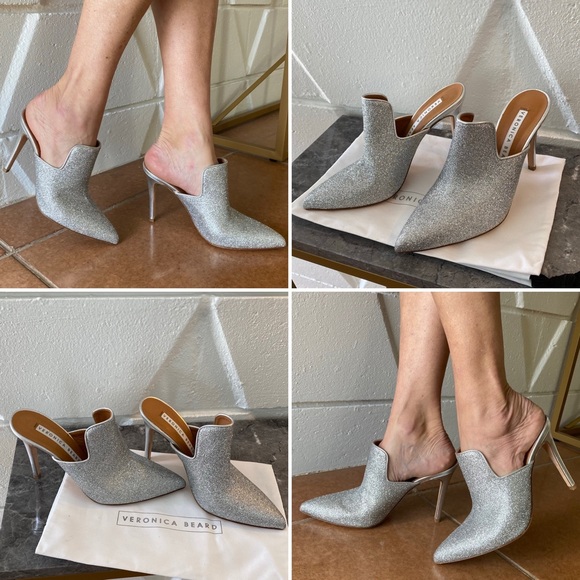 🔥$500 VERONICA BEARD🔥 Perfect “Penn” Mules Silver Glittered - Picture 14 of 16
